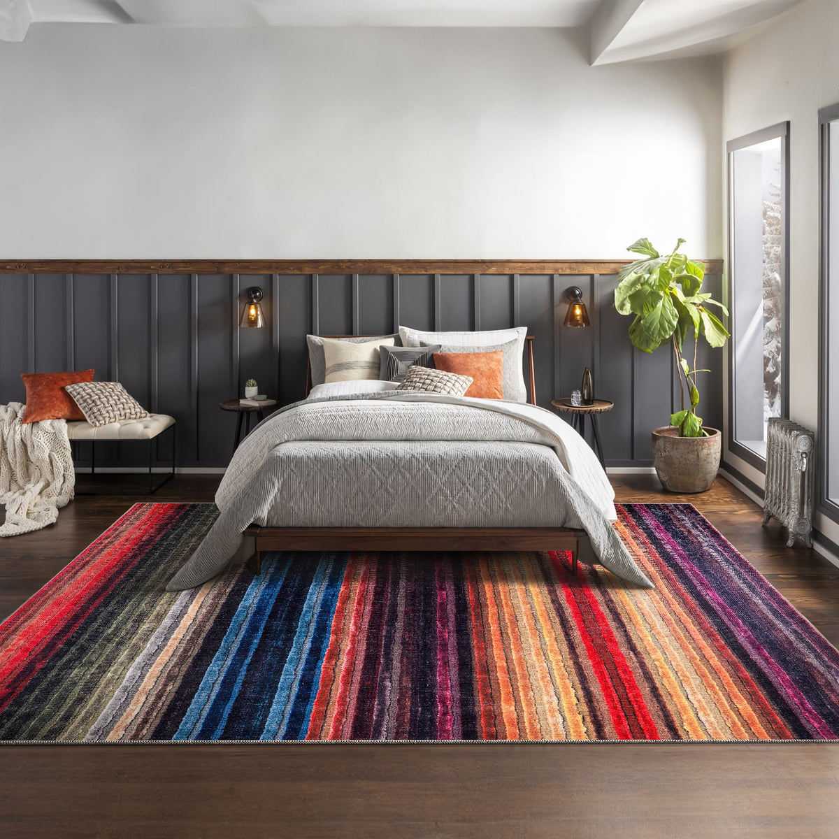 Multicolor striped washable area rug by Netline Home, modern bohemian vibrant design for living room, bedroom, or office space.