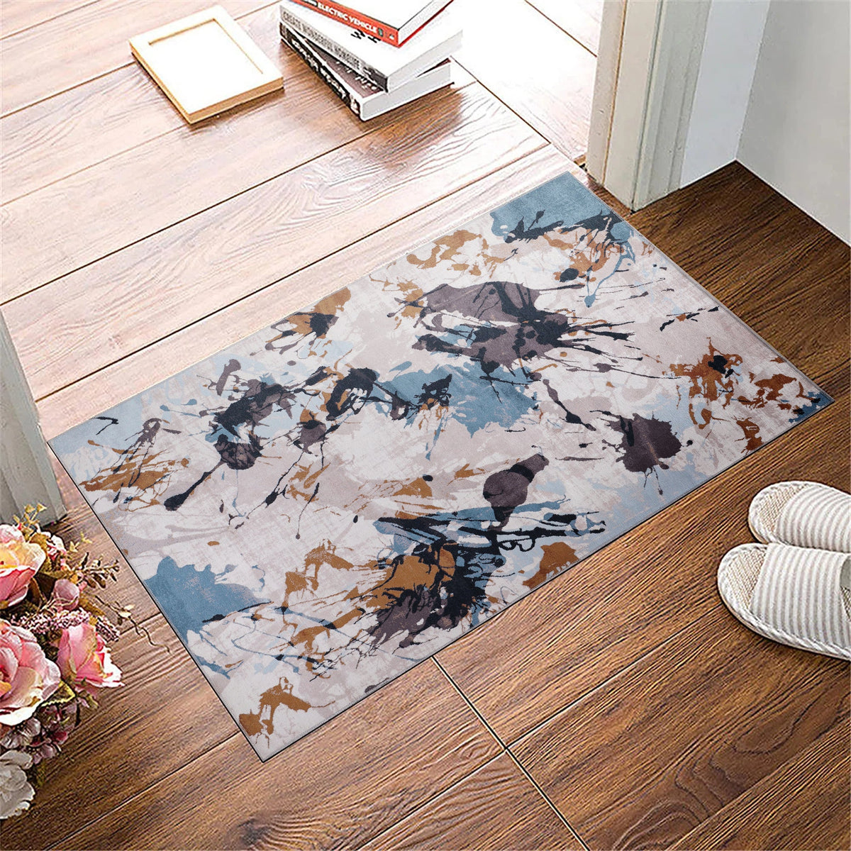 Colorful bohemian abstract splash washable rug from Netline Home, featuring vibrant design and soft fabric for easy cleaning.