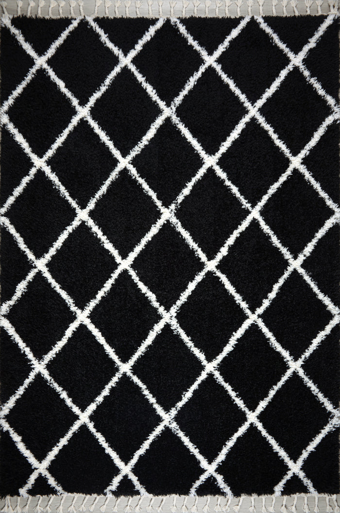 Shaggy Moroccan Rug – Soft High Pile Plush Carpet with Diamond Pattern (Black & White with Tassels) shown in an illustrative room
