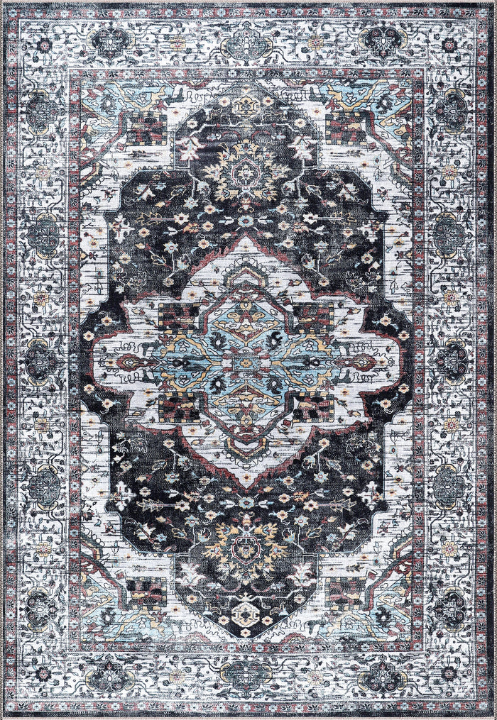 Netline Home Rugs Depot RW1003 – Tappeto persiano a medaglione lavabile in lavatrice | Tappeto orientale vintage bianco e nero con dettagli blu per soggiorno, camera da letto e sala da pranzo shown in an illustrative room