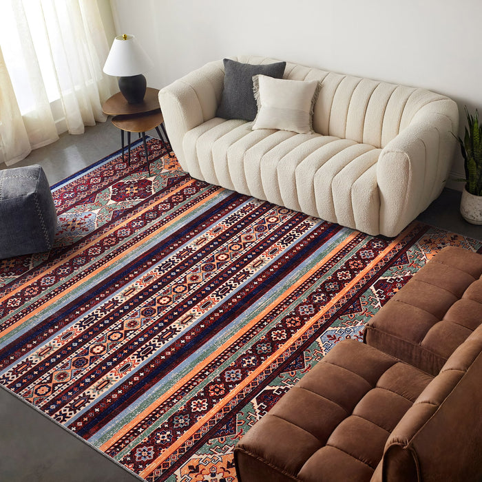 Starlight Stripes Burnt Red Heritage Washable Rug shown in an illustrative room