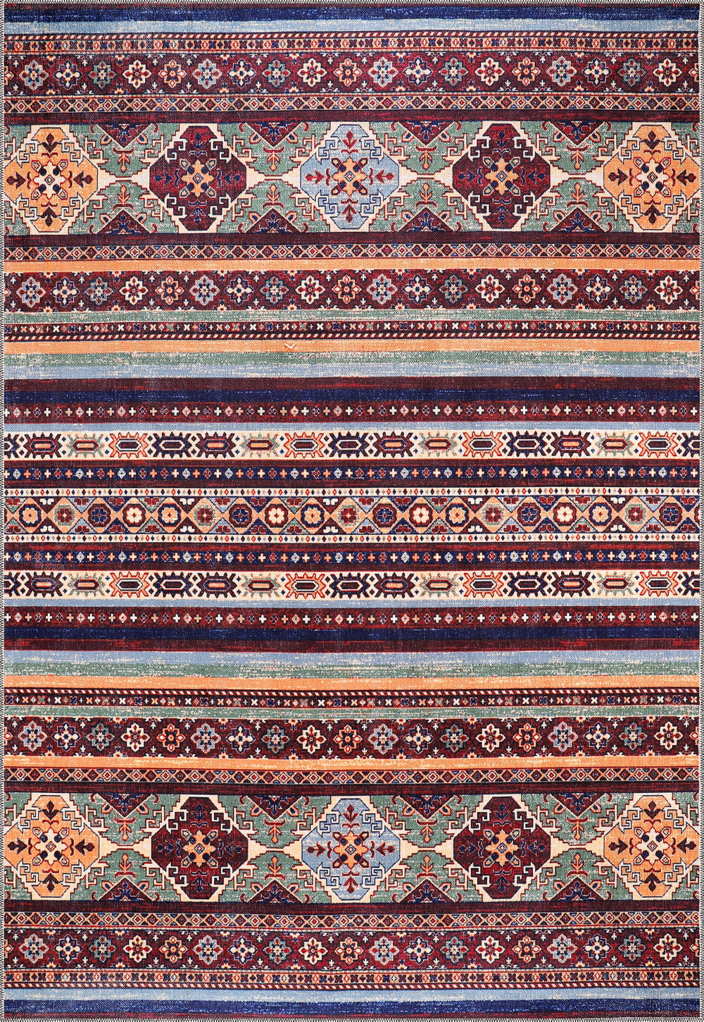 Machine washable multicolor tribal kilim rug by Netline Home featuring geometric striped oriental design for living room or bedroom.