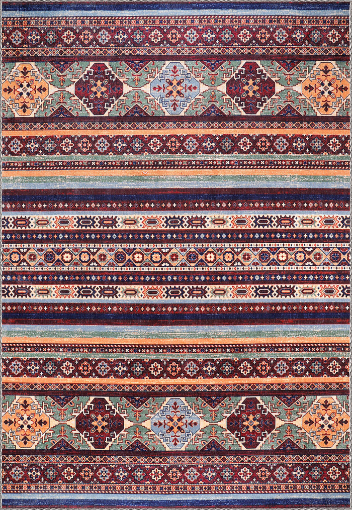 Netline Home Rugs Depot RW1004 – Tappeto Kilim tribale multicolore lavabile in lavatrice | Tappeto orientale a righe geometriche per soggiorno, camera da letto e sala da pranzo shown in an illustrative room
