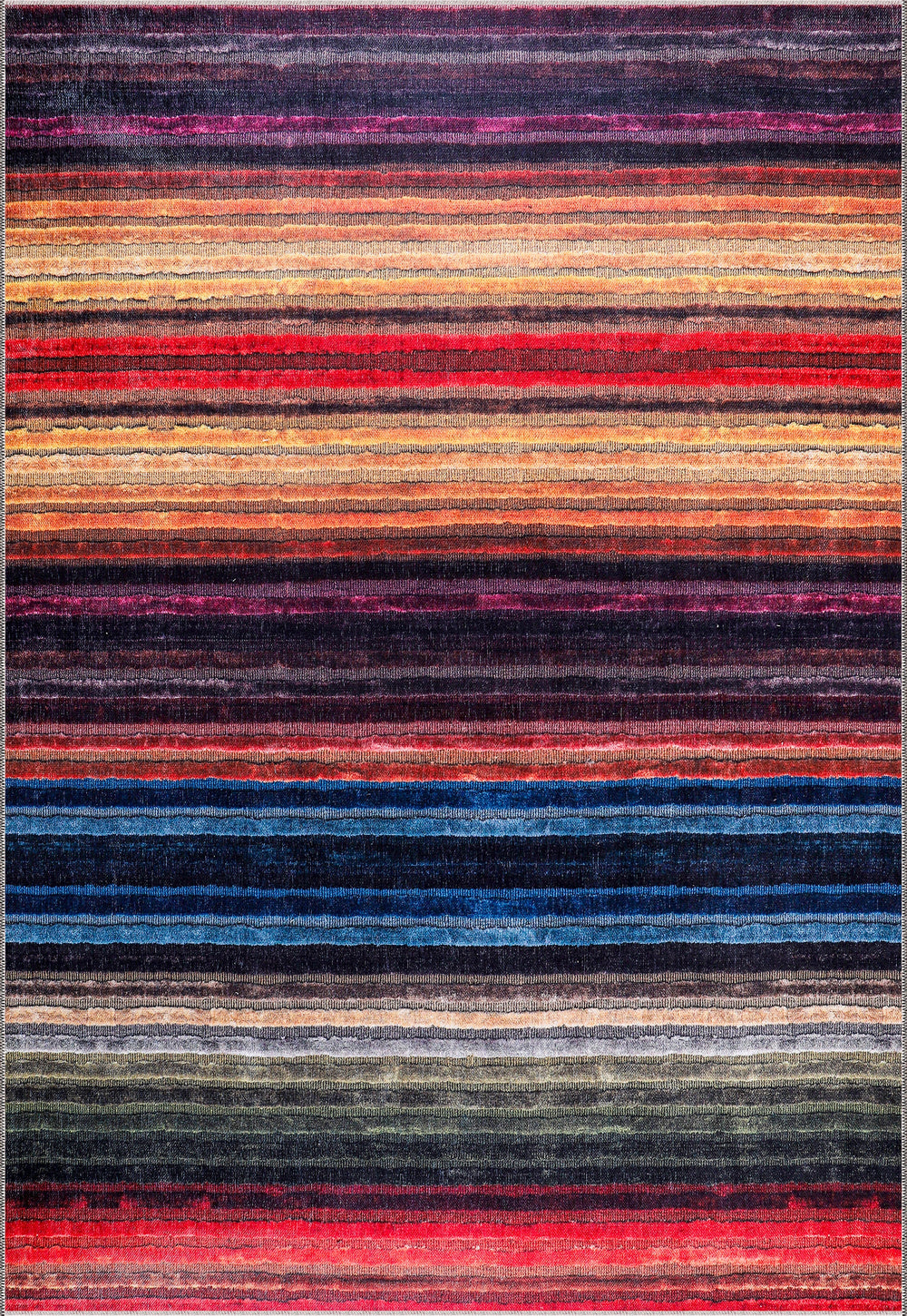 Colorful striped washable area rug by Netline Home, modern bohemian design, ideal for living room, bedroom, or office decor.