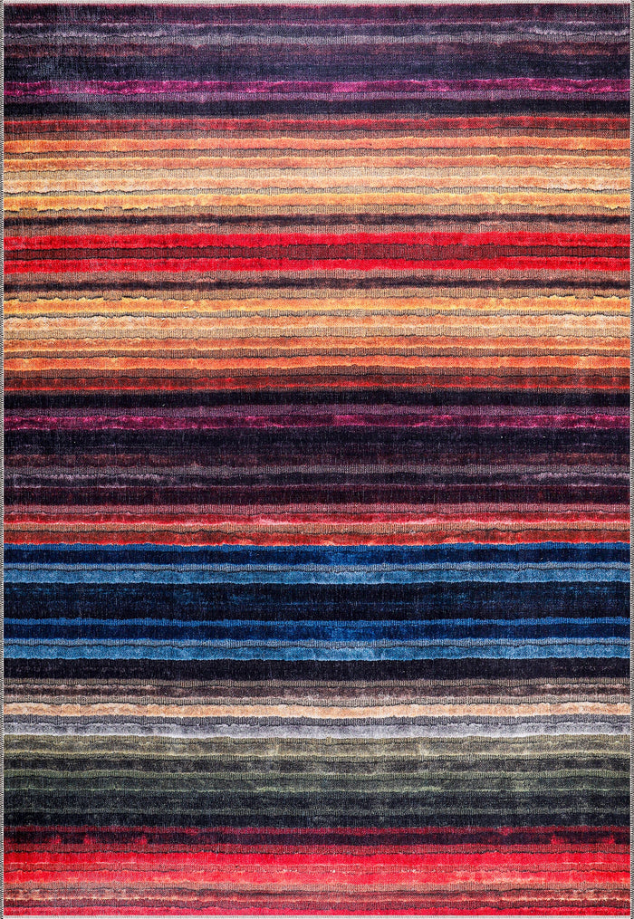 Tapis Netline Home Rugs Depot RW1006 – Tapis à rayures multicolores lavable en machine | Tapis bohème moderne et vibrant pour salon, chambre et bureau shown in an illustrative room