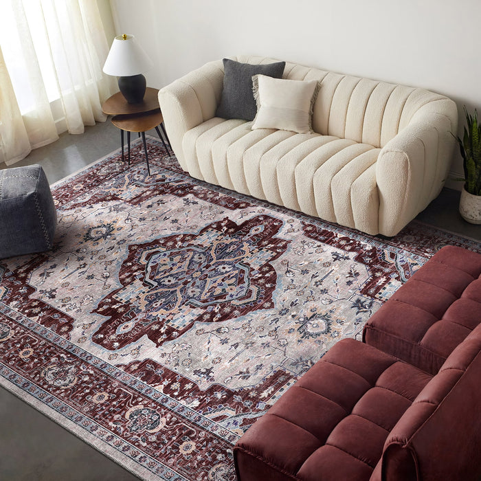 Georgian Patina Deep Red Vintage Washable Rug shown in an illustrative room