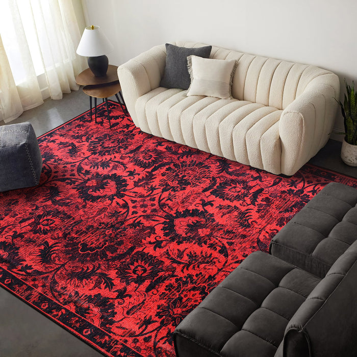 Georgian Octagons Deep Red Heritage Washable Rug shown in an illustrative room