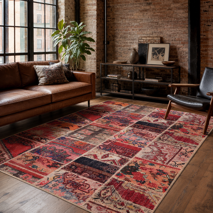 Painted Heritage Burgundy Washable Rug shown in an illustrative room