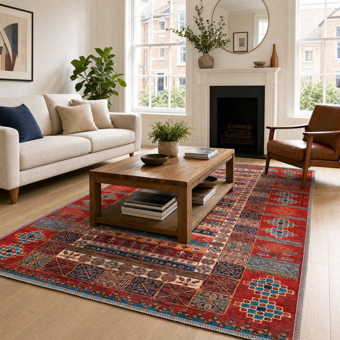 Distinct Octagons Crimson Red Heritage Washable Rug shown in an illustrative room