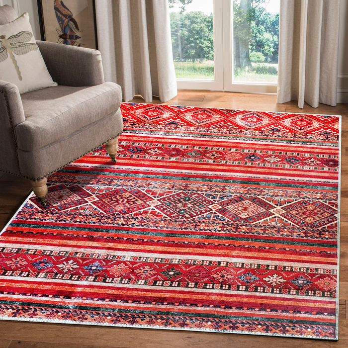 Loomed Geometry Deep Red Heritage Washable Rug shown in an illustrative room
