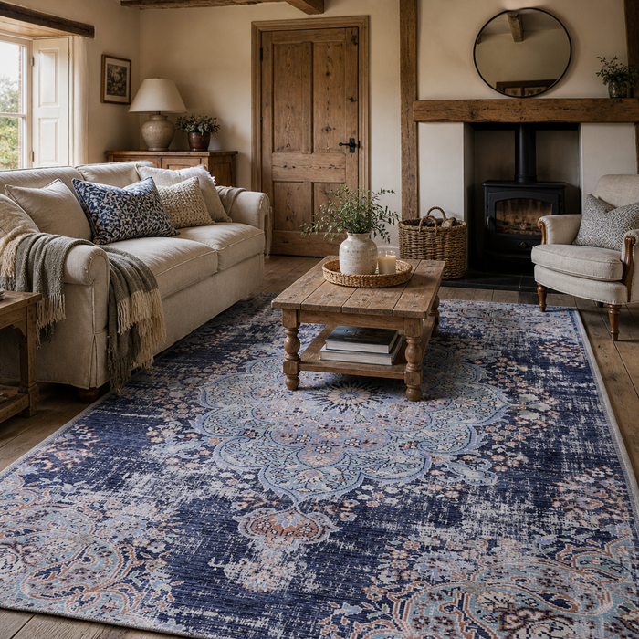 Muted Watercolour Slate Grey Abstract Washable Rug shown in an illustrative room