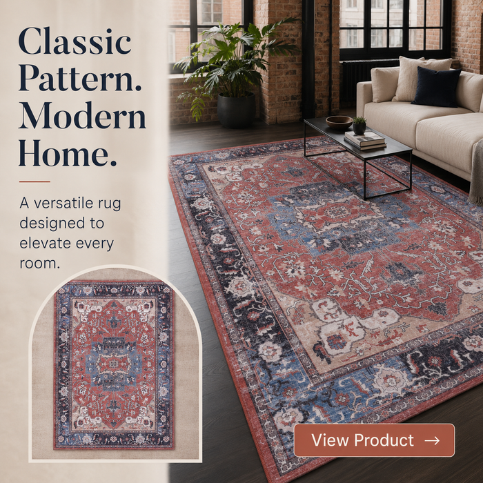 Weathered Lattice Deep Blue Traditional Washable Rug shown in an illustrative room