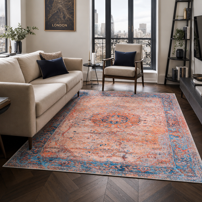 Century Vinework Warm Orange Traditional Washable Rug shown in an illustrative room