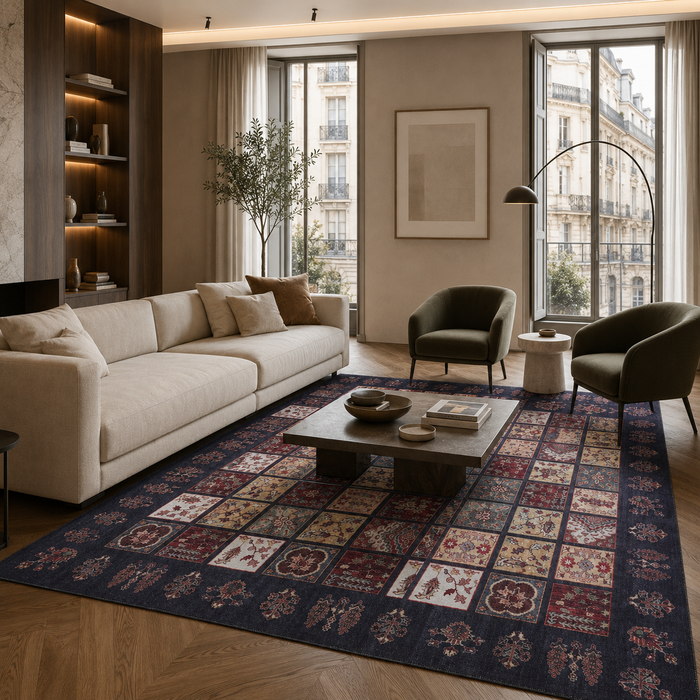 Crafted Heritage Burgundy Washable Rug shown in an illustrative room
