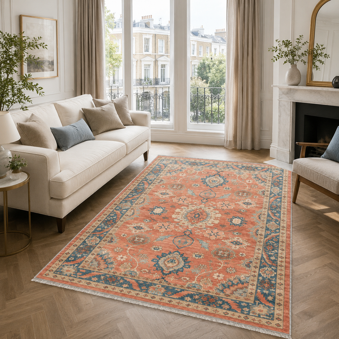 Refined Medallion Warm Orange Traditional Washable Rug shown in an illustrative room