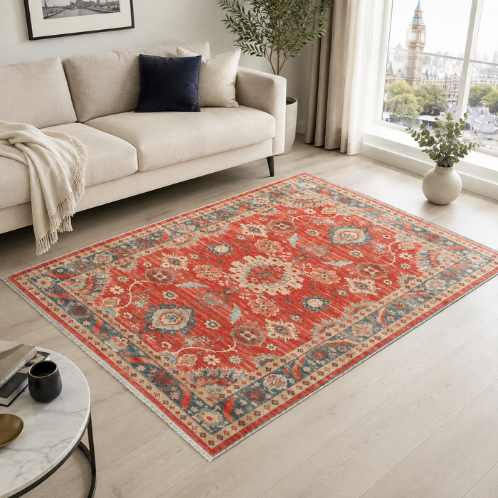 Cool Border Burgundy Traditional Washable Rug shown in an illustrative room