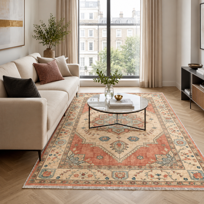 Rich Medallion Burnt Red Traditional Washable Rug shown in an illustrative room