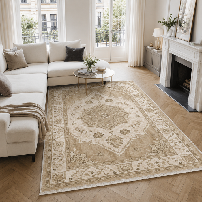 Crossed Border Soft White Traditional Washable Rug shown in an illustrative room