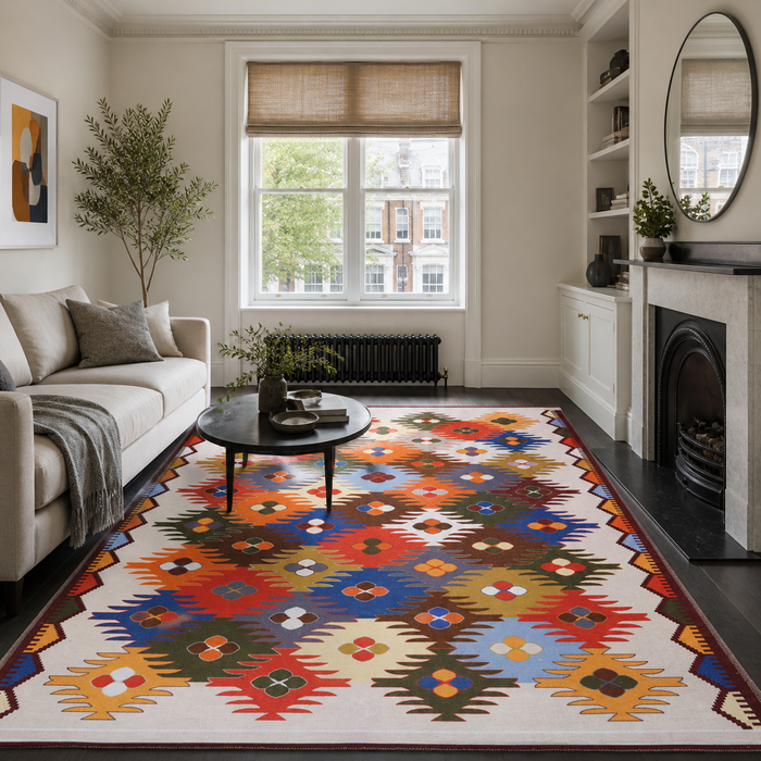 Symmetric Mosaic Deep Red Bohemian Washable Rug shown in an illustrative room