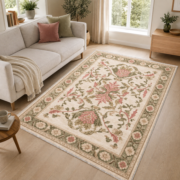 Rhythmic Lattice Soft White Floral Washable Rug shown in an illustrative room