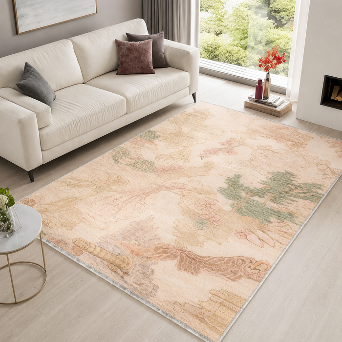 Distinct Watercolour Soft White Abstract Washable Rug shown in an illustrative room