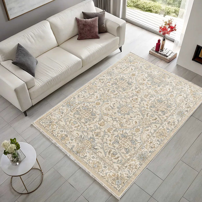 Century Lattice Off White Floral Washable Rug shown in an illustrative room