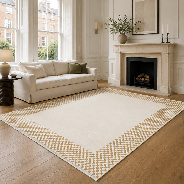 Northern Stripes Warm White Geometric Washable Rug shown in an illustrative room