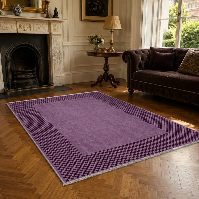 Open Mosaic Deep Purple Geometric Washable Rug shown in an illustrative room