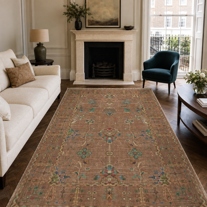 Refined Floral Muted Green Washable Rug shown in an illustrative room