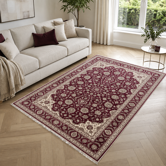 Crown Floral Deep Red Traditional Washable Rug shown in an illustrative room