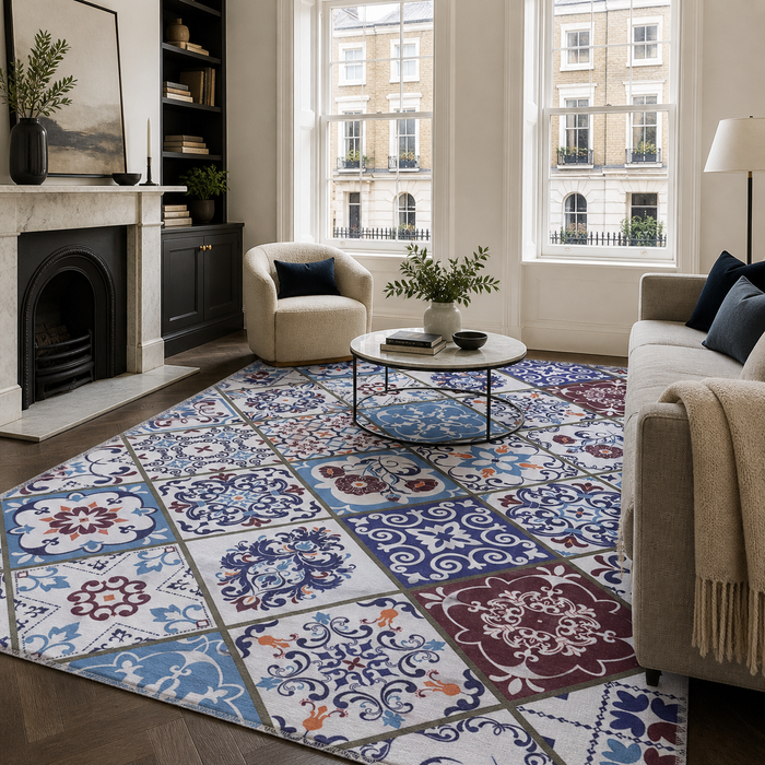 Noble Lattice Navy Blue Geometric Washable Rug shown in an illustrative room