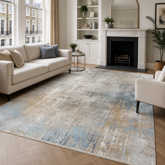 Keepsake Mosaic Mid Grey Modern Washable Rug shown in an illustrative room