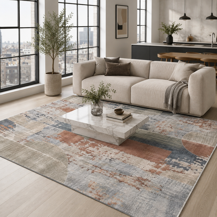 Regal Geometry Navy Blue Washable Rug shown in an illustrative room