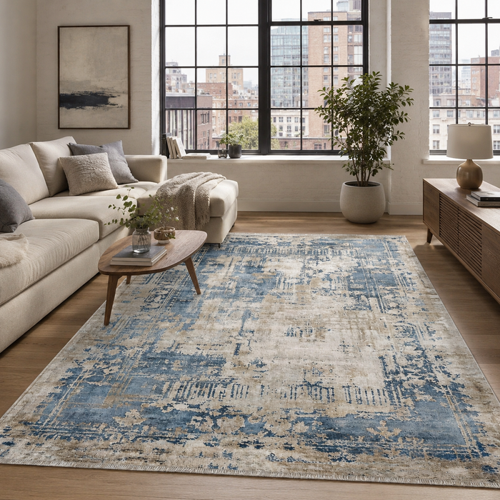 Weathered Stripes Mid Grey Traditional Washable Rug shown in an illustrative room