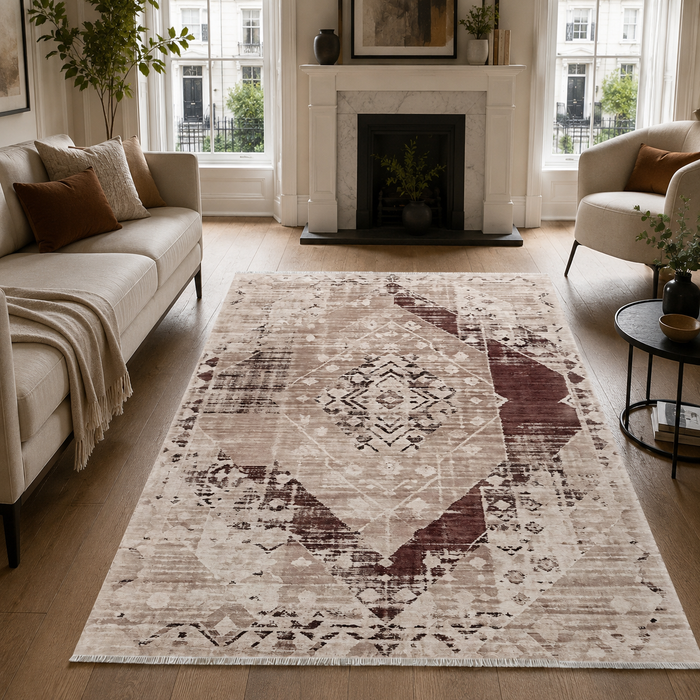 Quiet Heritage Dark Brown Washable Rug shown in an illustrative room