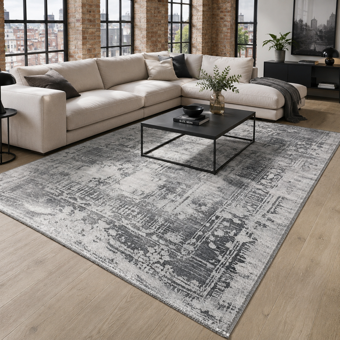 Dawn Patina Silver Grey Vintage Washable Rug shown in an illustrative room
