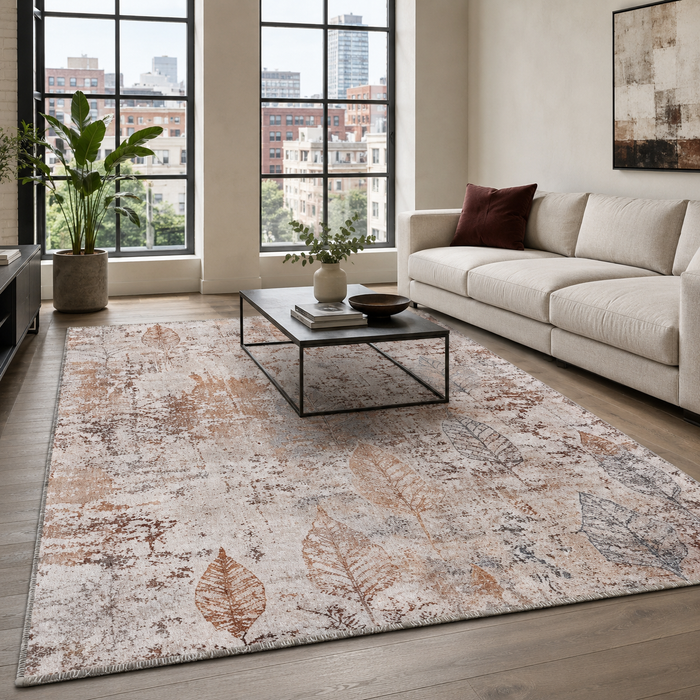 Moonlit Stripes Taupe Modern Washable Rug shown in an illustrative room