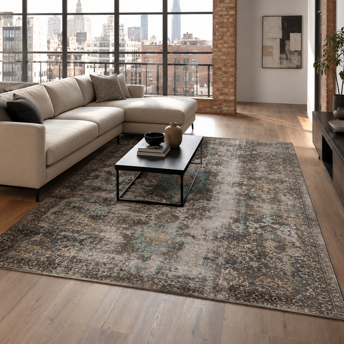 Strong Linework Taupe Modern Washable Rug shown in an illustrative room