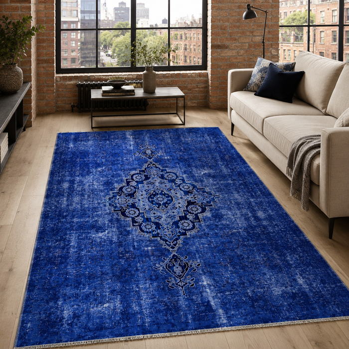 Abstract Heritage Indigo Blue Washable Rug shown in an illustrative room