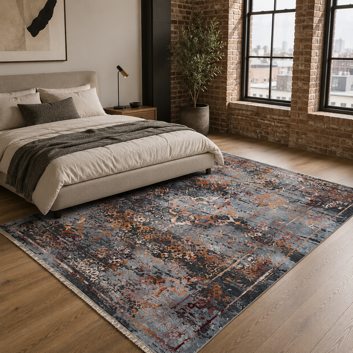 Twilight Patina Grey Vintage Washable Rug shown in an illustrative room
