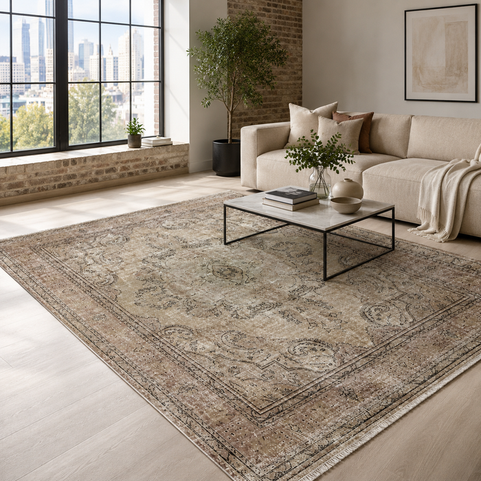 Refined Medallion Dark Brown Traditional Washable Rug shown in an illustrative room