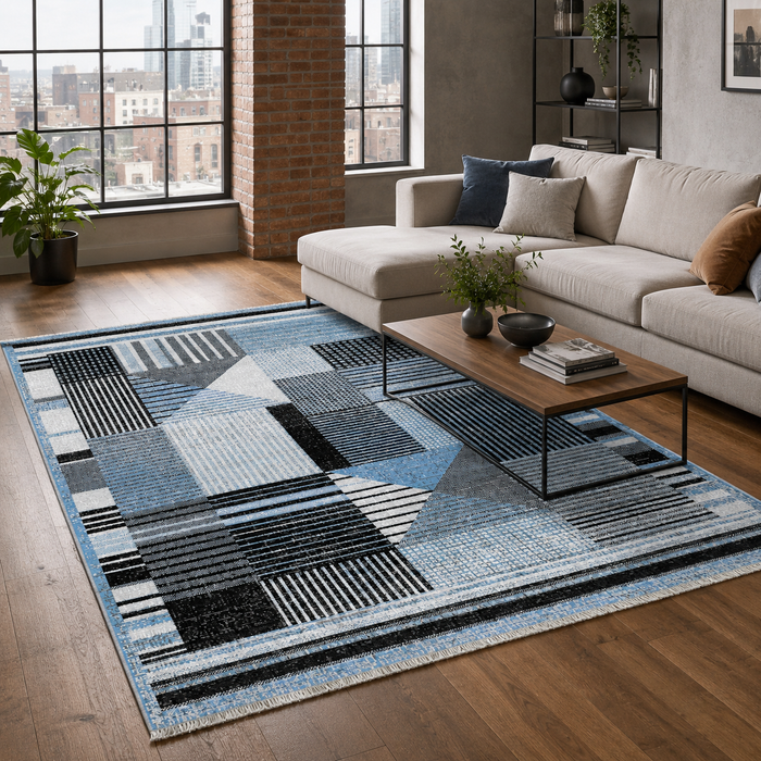 Parlour Linework Navy Blue Modern Washable Rug shown in an illustrative room