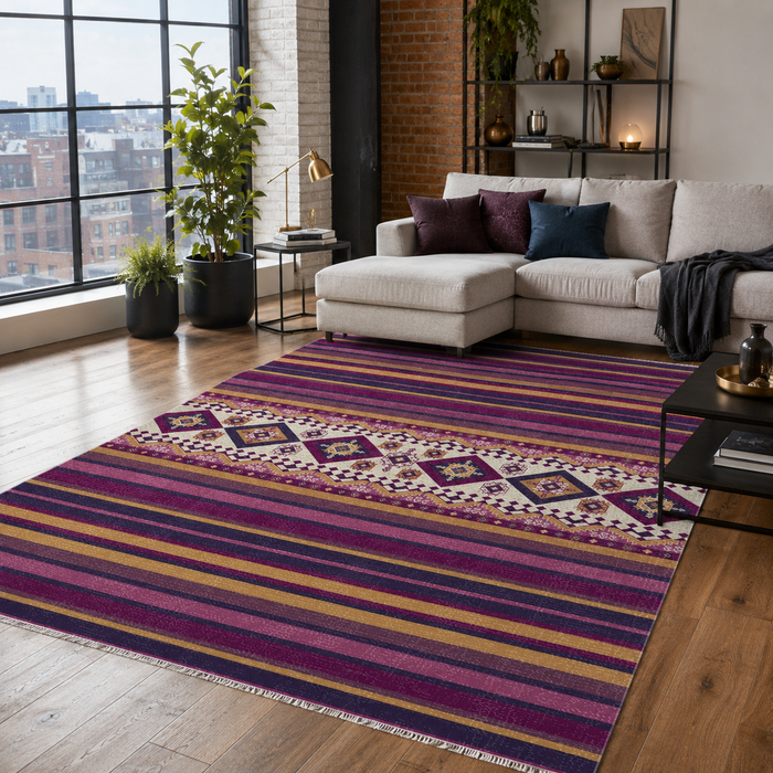 Rich Border Deep Purple Heritage Washable Rug shown in an illustrative room