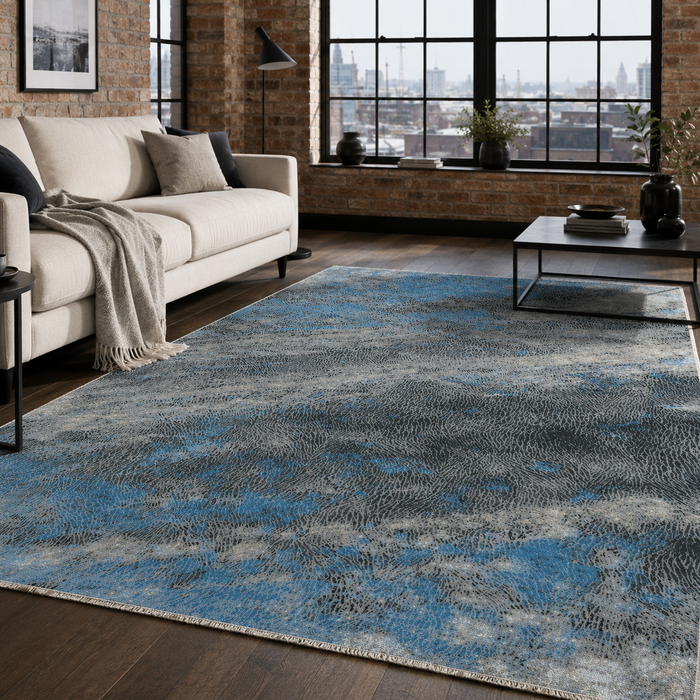 Balanced Linework Navy Blue Modern Washable Rug shown in an illustrative room
