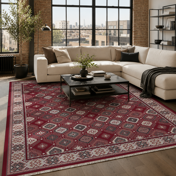 Lantern Octagons Burnt Red Heritage Washable Rug shown in an illustrative room