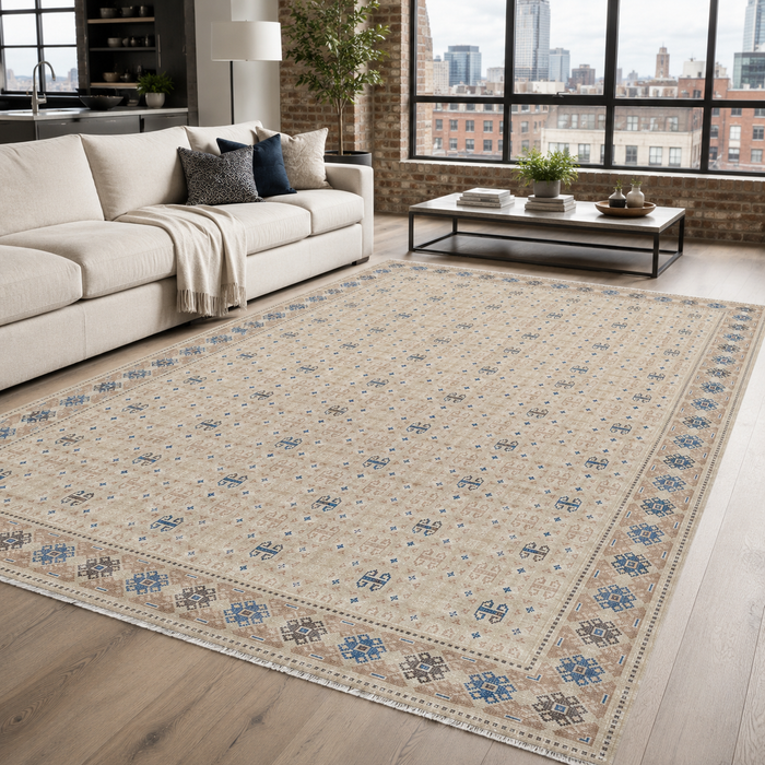 Grand Border Off White Heritage Washable Rug shown in an illustrative room