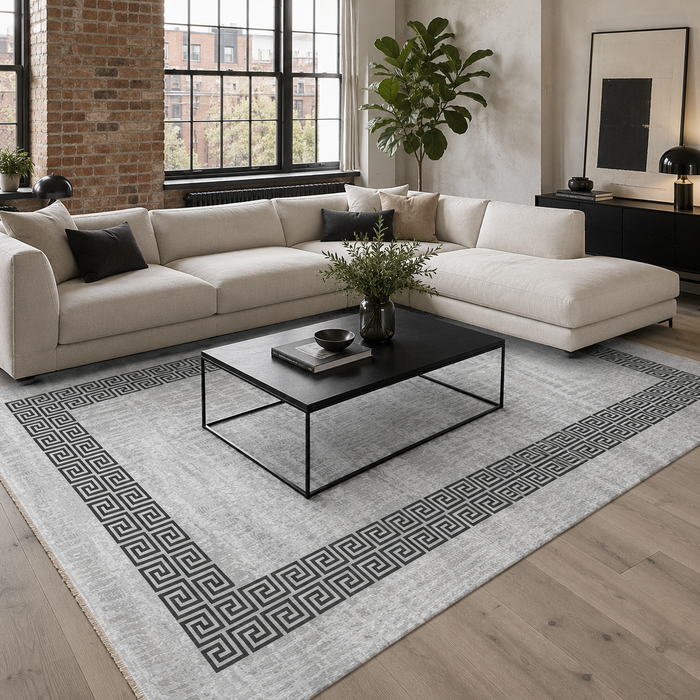 Subtle Medallion Grey Traditional Washable Rug shown in an illustrative room