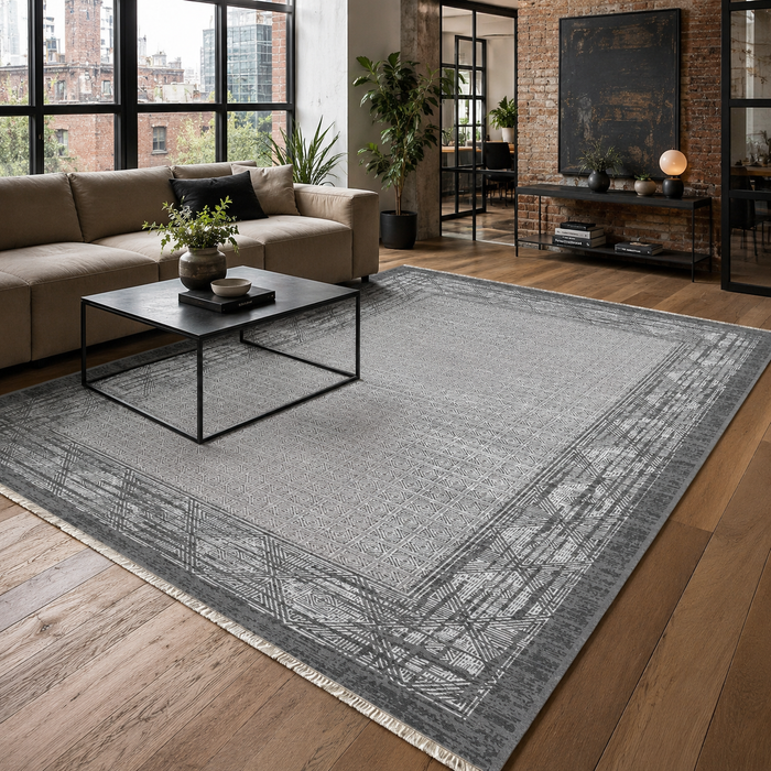 Contemporary Floral Mid Grey Traditional Washable Rug shown in an illustrative room