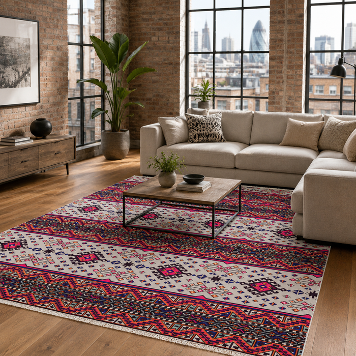 Lantern Octagons Soft Red Heritage Washable Rug shown in an illustrative room