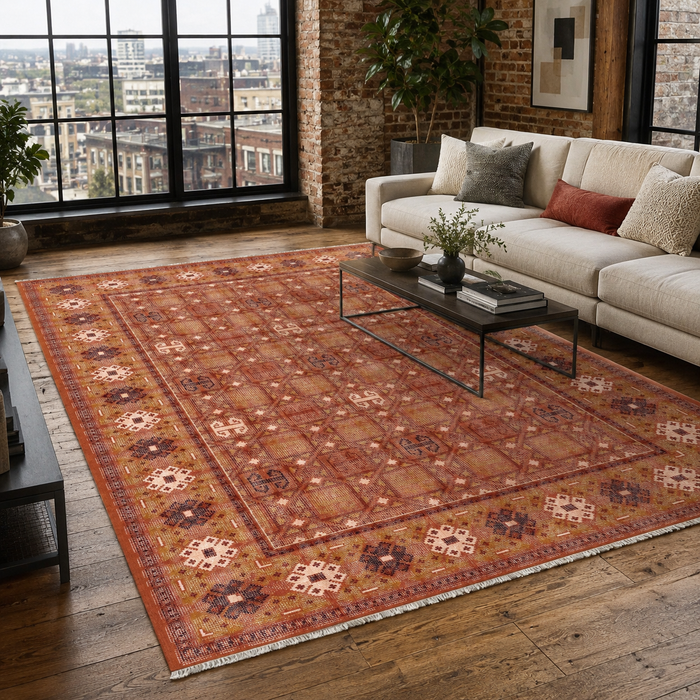 Bold Geometry Warm Gold Heritage Washable Rug shown in an illustrative room